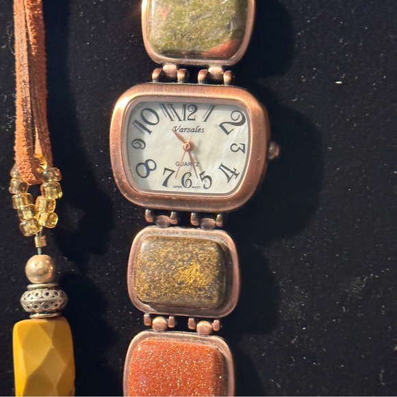 ladies Versales watch & necklace antique, natural polished rocks inlay in copper - Picture 10 of 14